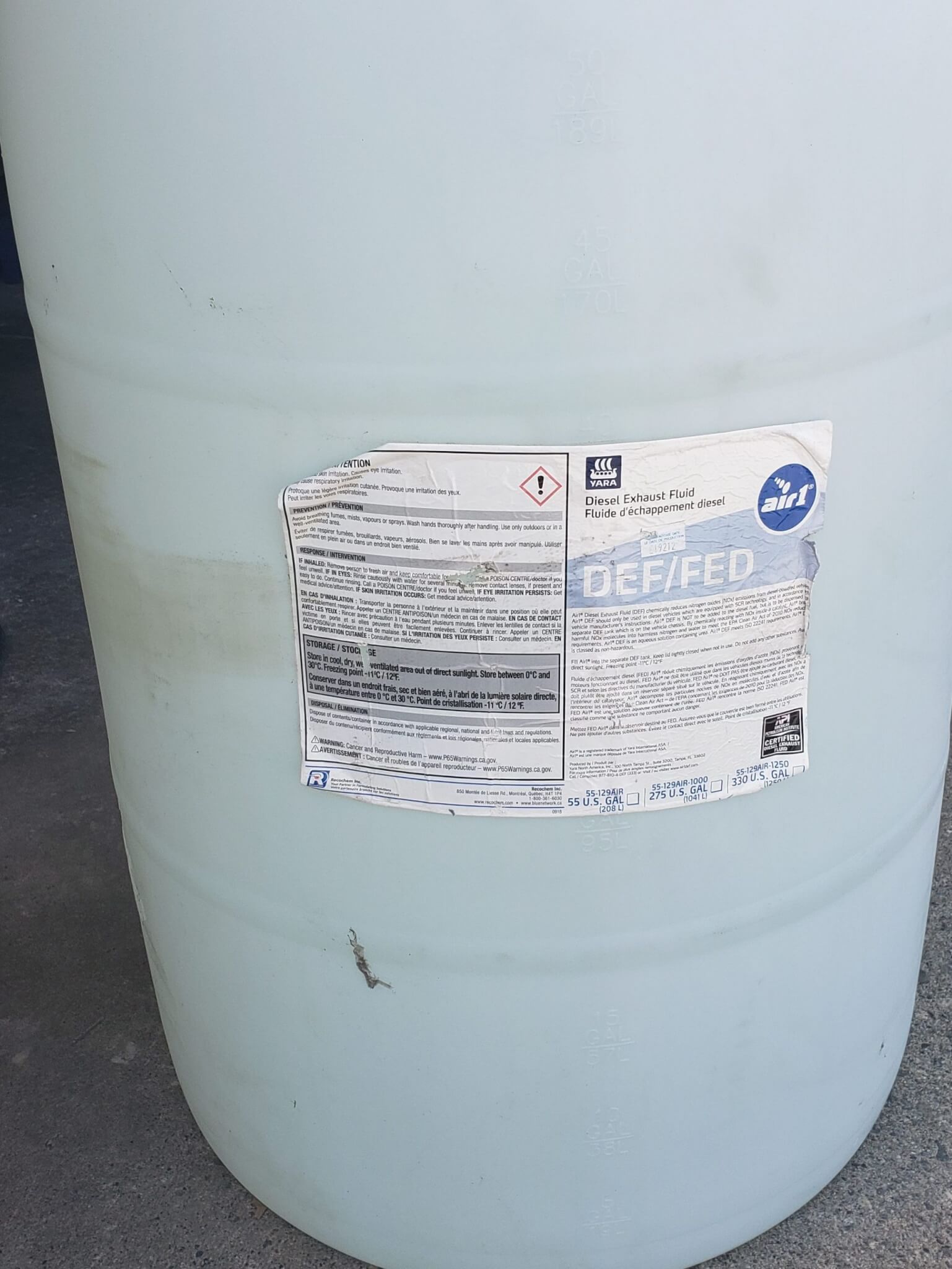 A drum of DEF Diesel Exhaust Fluid